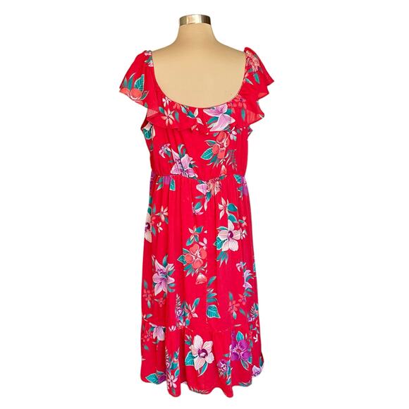 Old Navy Tiered Midi Dress Red Floral Tropical Print XL Sweetheart Neck Summer - Picture 2 of 7